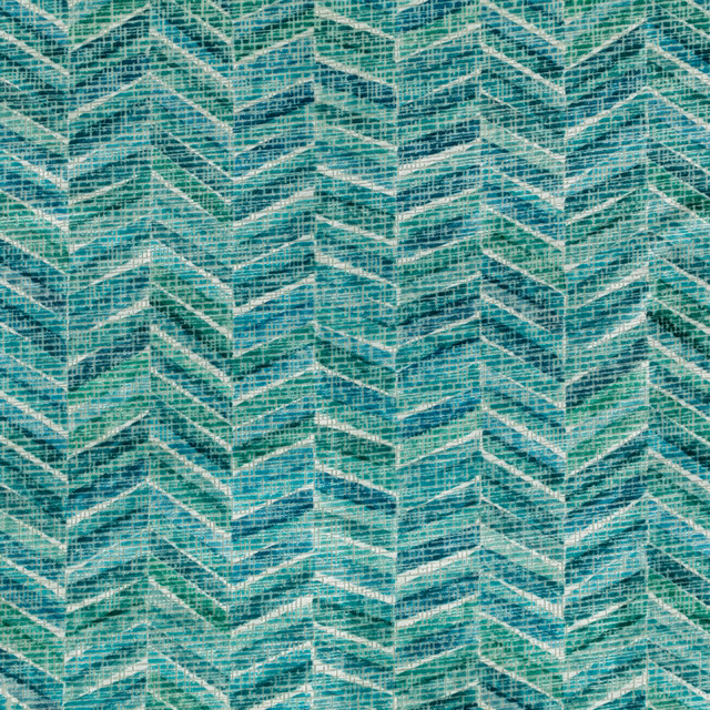 Peacock teal woven textile with layered pale chevrons and irregular slubbed texture