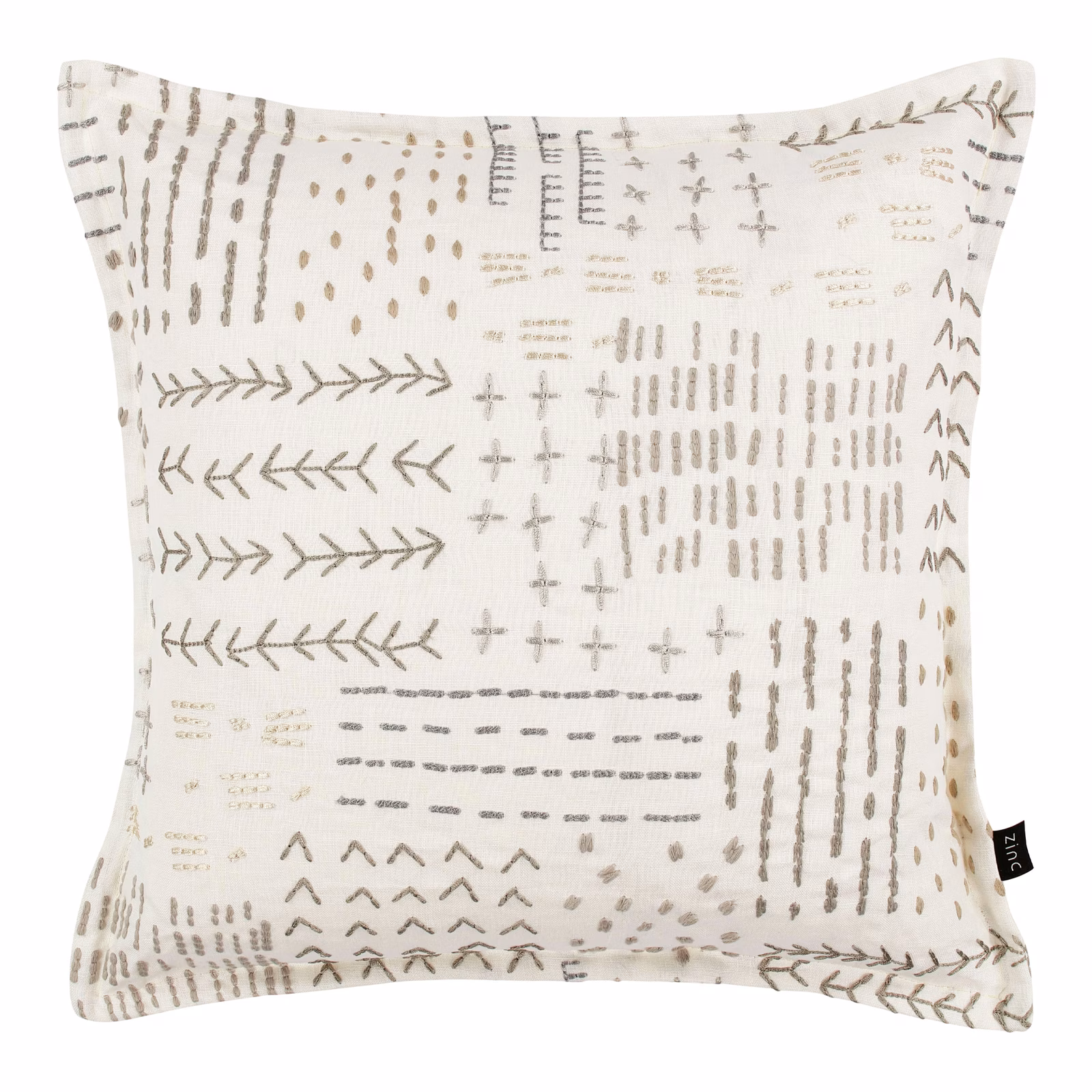 Ivory textile with taupe-grey arrows, crosses and dotted hand-mark motifs
