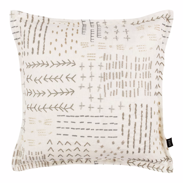 Ivory textile with taupe-grey arrows, crosses and dotted hand-mark motifs