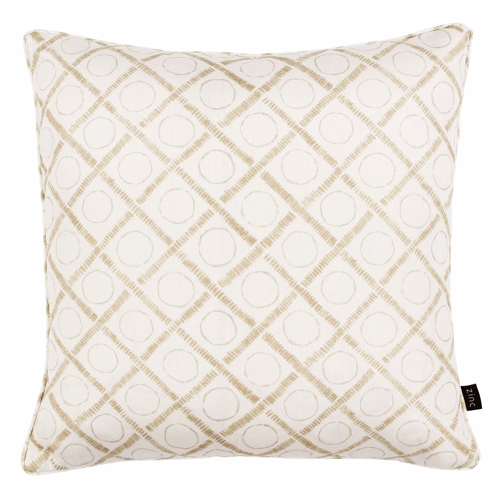 Warm cream textile with taupe diamond lattice and outlined circular motifs on a cushion