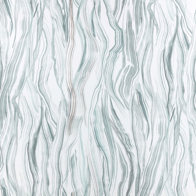 Pale seafoam fabric with flowing grey-green vertical striations on a light ground
