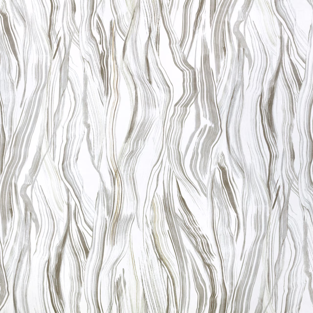 Pale smoke-grey textile with fine vertical taupe and charcoal wave lines
