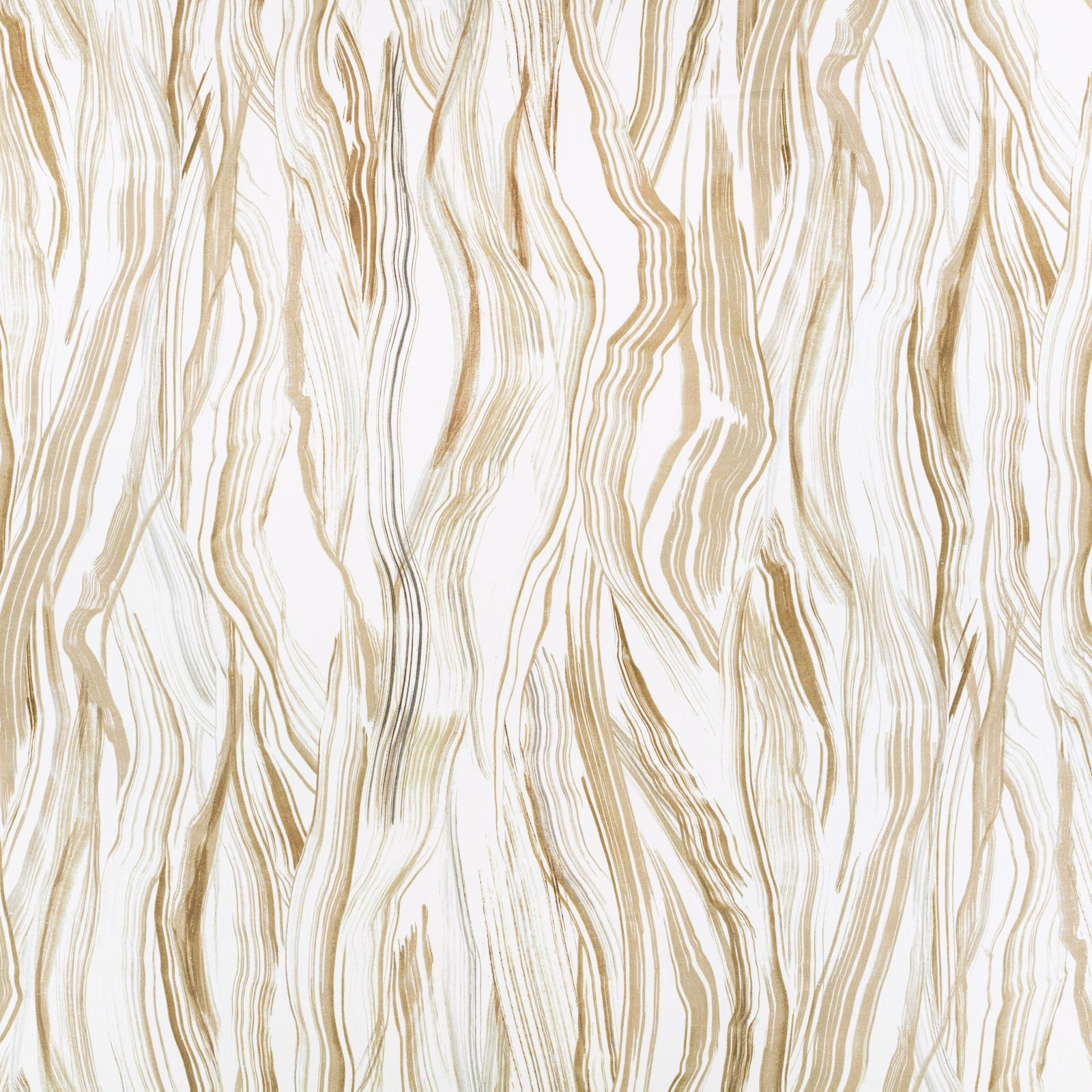 Ivory textile with flowing straw and taupe vertical lines in an organic wave motif