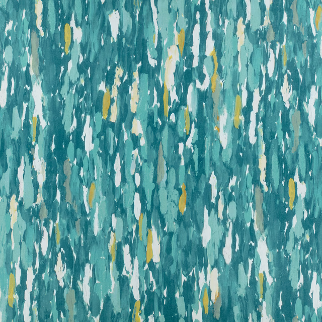 Peacock teal fabric with vertical painterly aqua, cream, white and mustard strokes