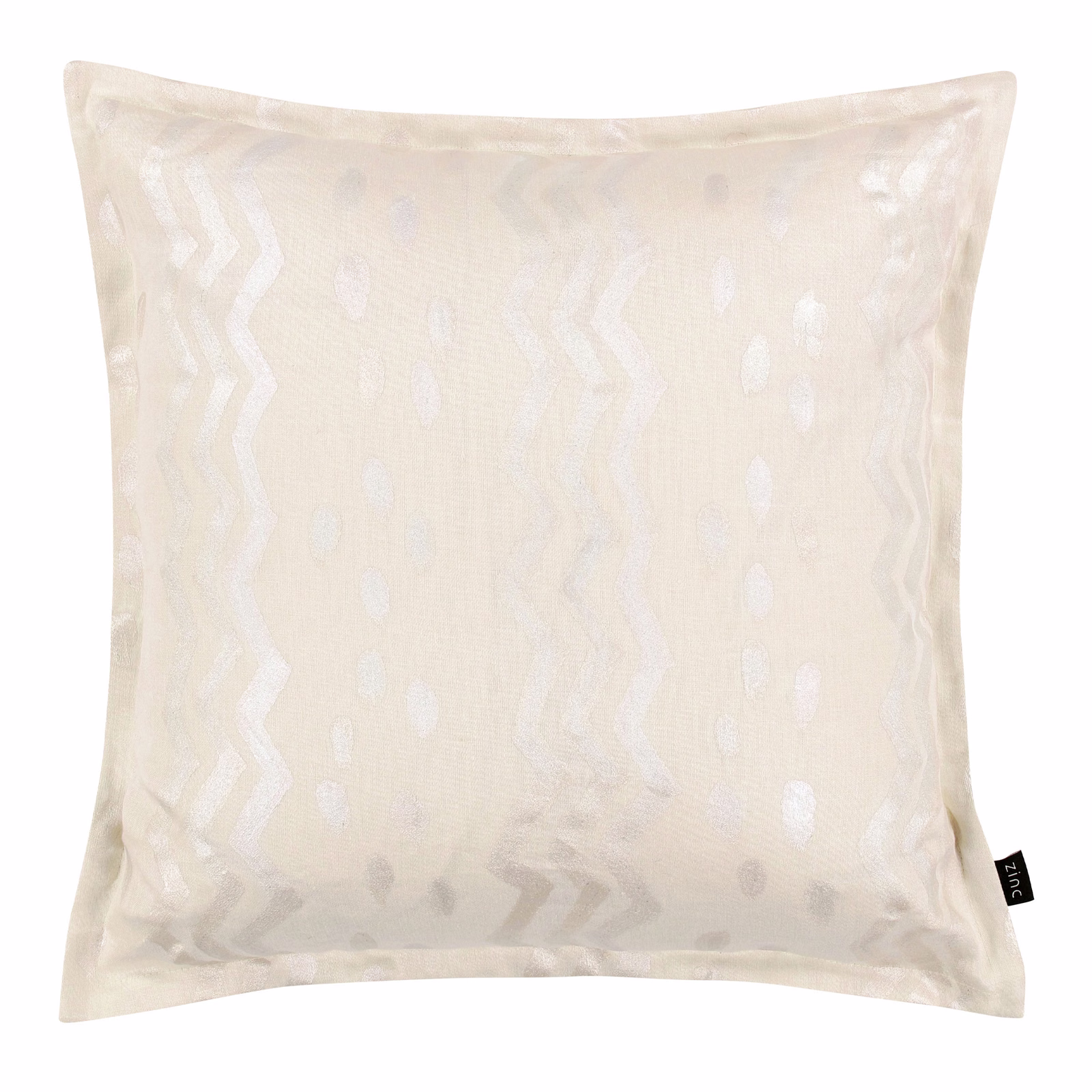 Pale porcelain woven cushion with white zigzags and scattered oval motifs