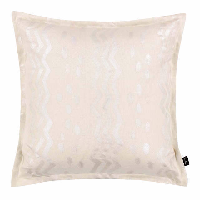Pale porcelain woven cushion with white zigzags and scattered oval motifs