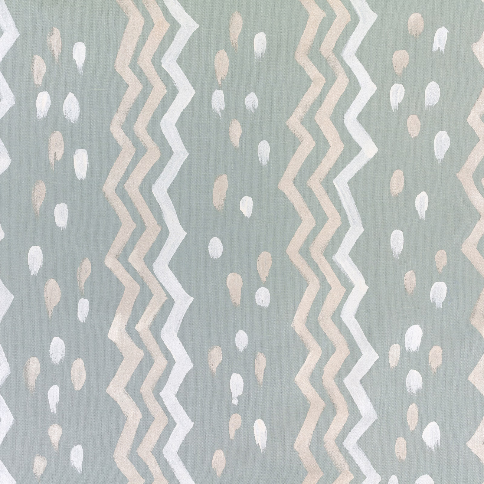 Cool seafoam fabric with cream zigzag bands and scattered blush marks