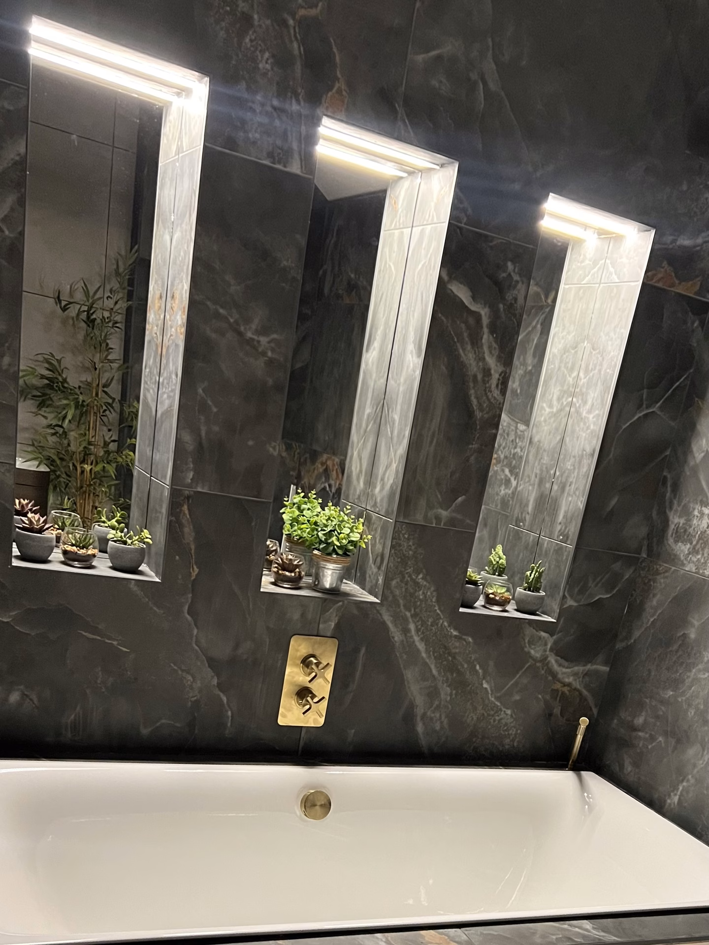 The finished bathroom, planting and mirrors