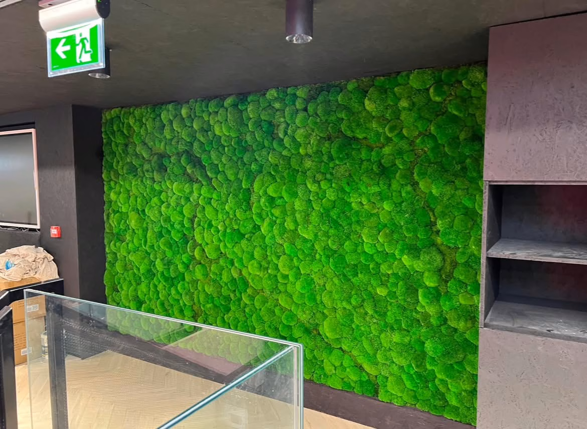 A full-height moss wall in a commercial reception