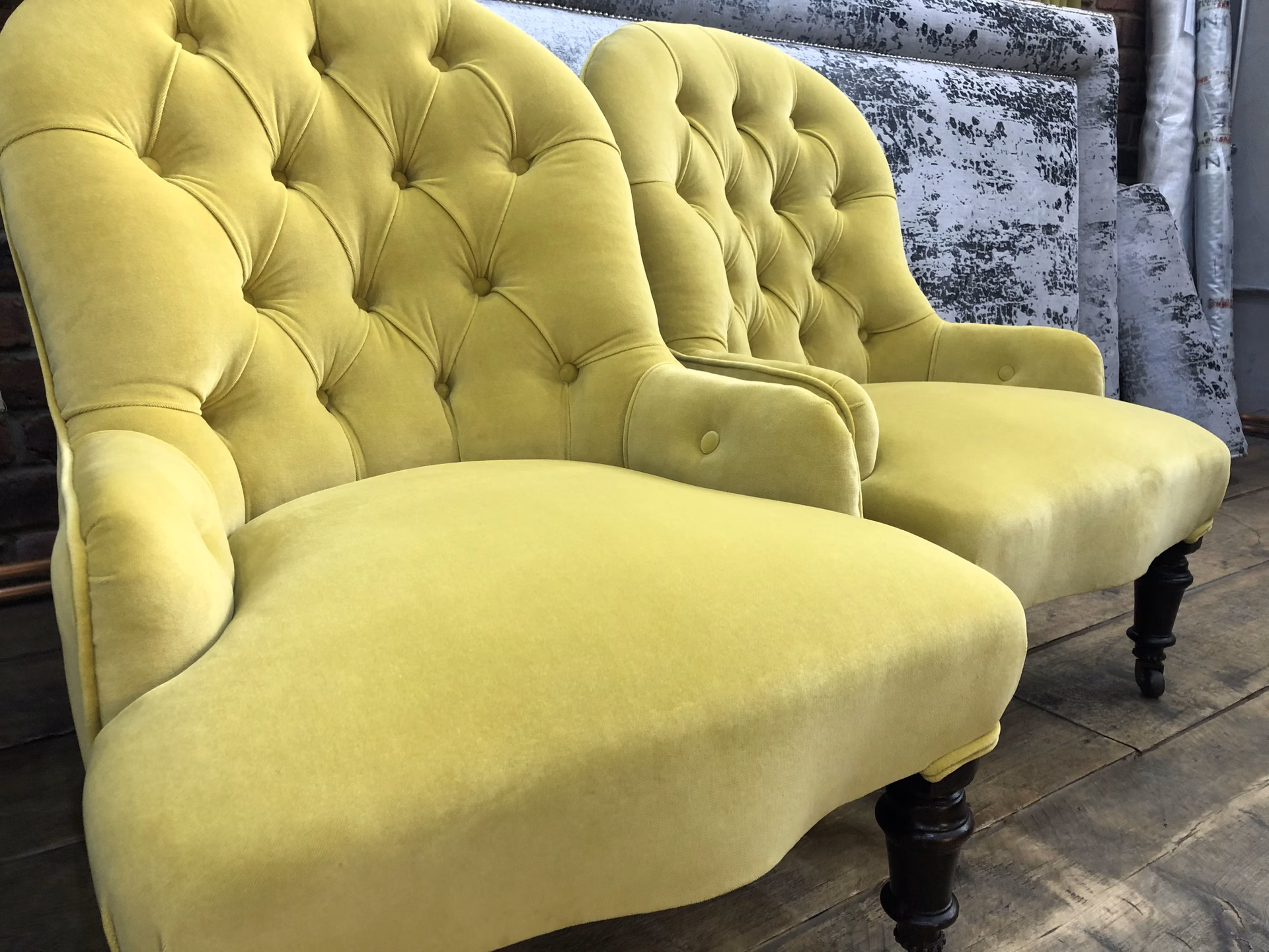 The same pair finished in chartreuse velvet