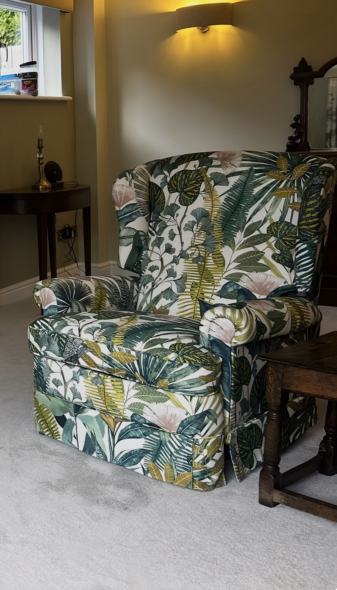 The same chair recovered in a botanical print