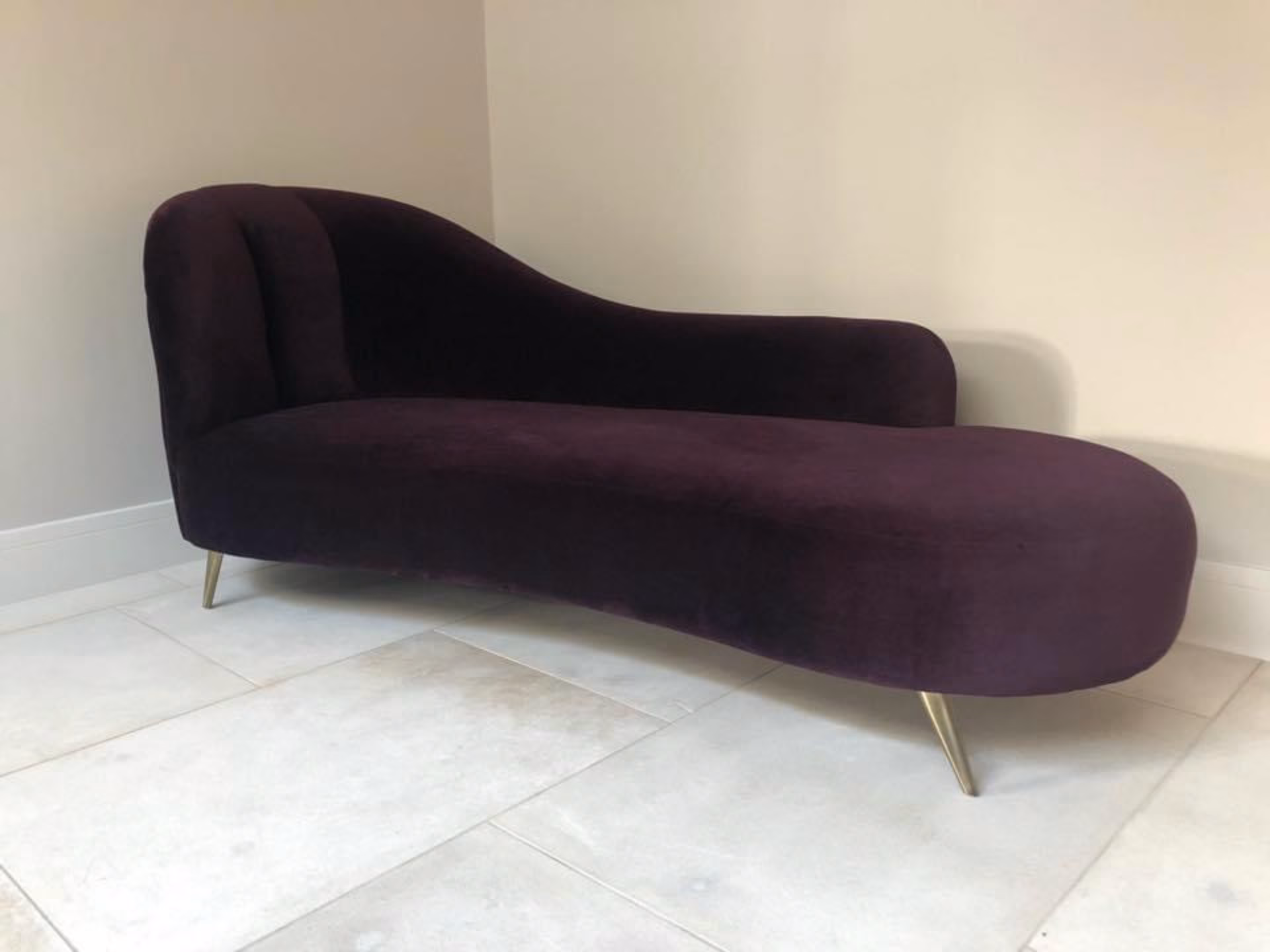 The finished chaise in purple velvet